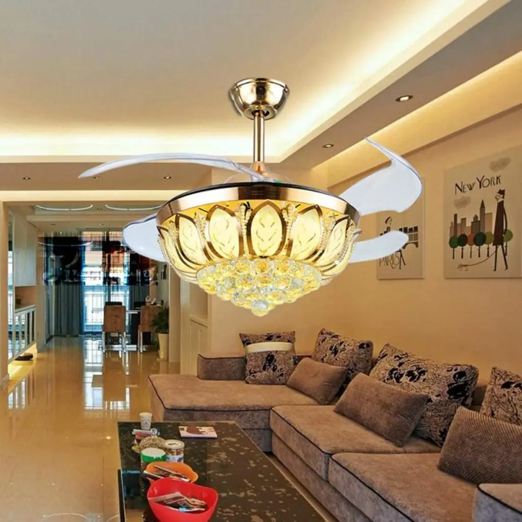 Crystal Chandelier Retractable Blade Ceiling Light with Fan ( Gold, 42 Inch, 4 Blade, 1 year warranty ) 5.webp