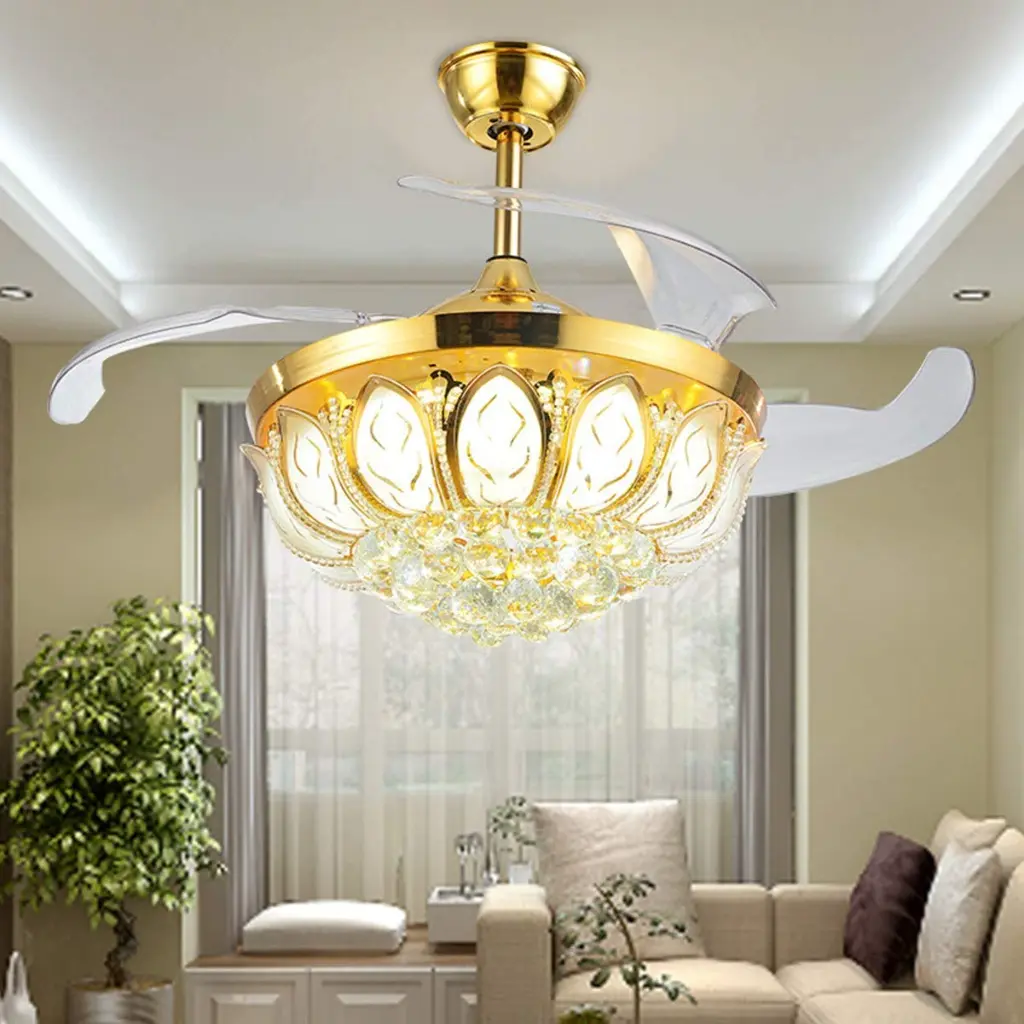 Crystal Chandelier Retractable Blade Ceiling Light with Fan ( Gold, 42 Inch, 4 Blade, 1 year warranty ) 2.webp