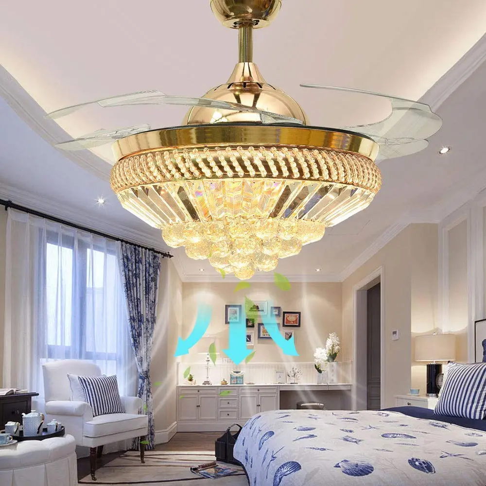 Exclusive Crystal Chandelier Retractable Blade Ceiling Fan with LED Light