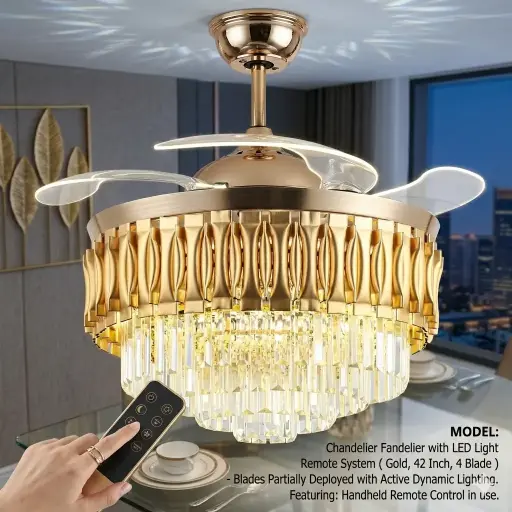 [F-8858-42] Modarn Crystal Chandelier Fan with Retractable Blade & LED Light 42″